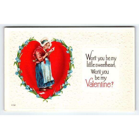 Vintage Embossed Valentine's Day Postcard with Woman & Heart Unsigned Brundage - Picture 1 of 2